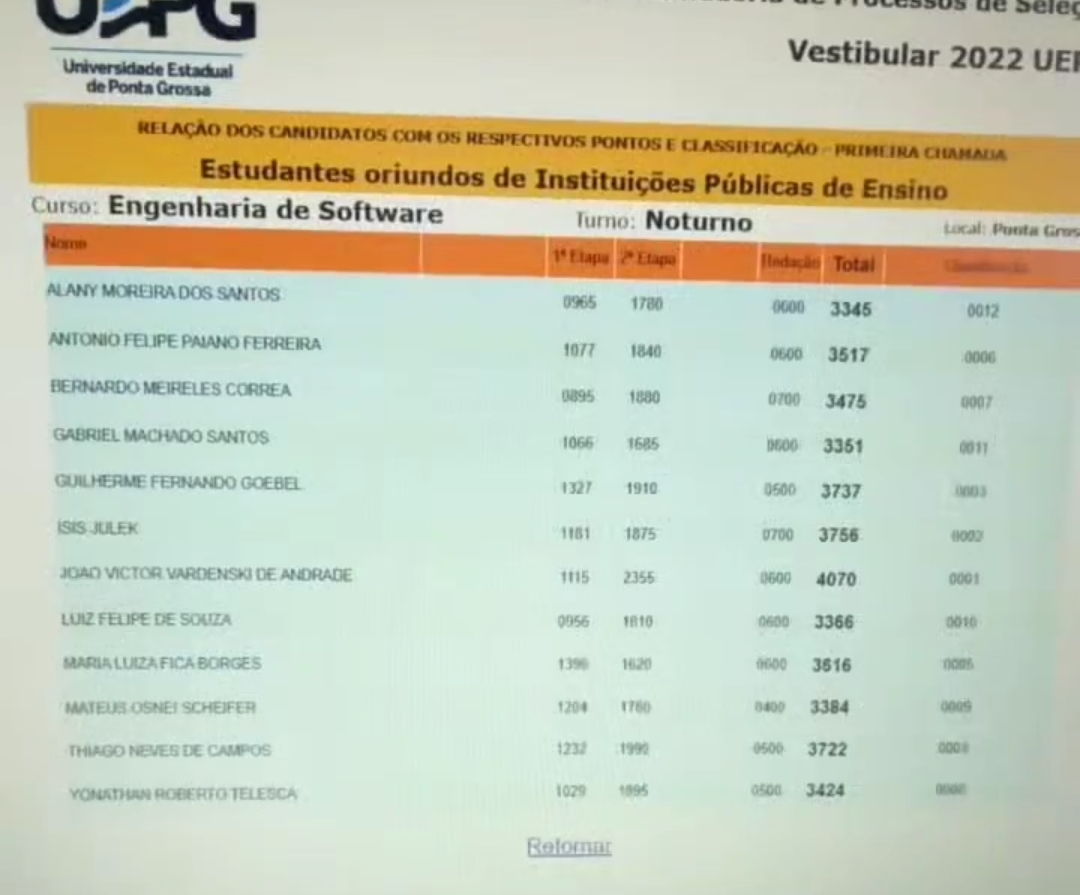 Aprovação em Engenharia de Software na UEPG