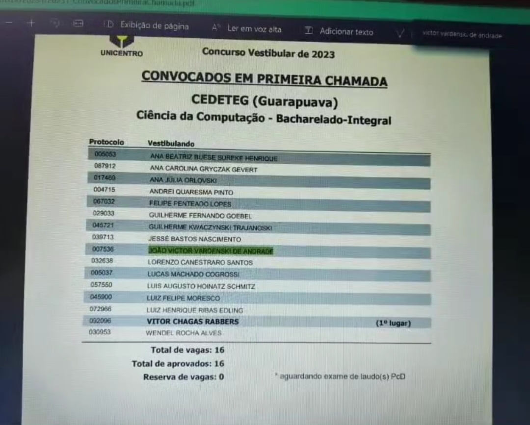 Aprovação em Ciência da Computação na Unicentro